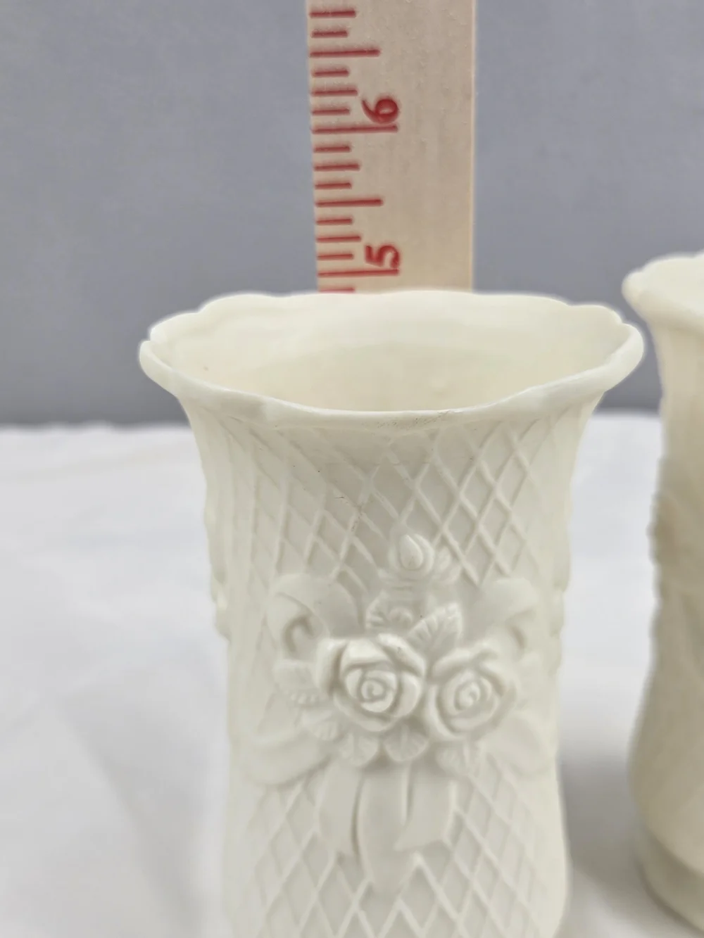 Pair of Vintage Porcelain Bisque Rose & Lattice Vases